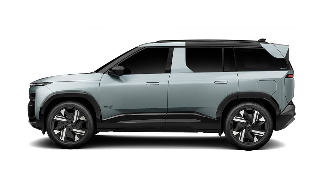 Pale green Tata Sierra.ev electric SUV with black roof, side profile on a white background