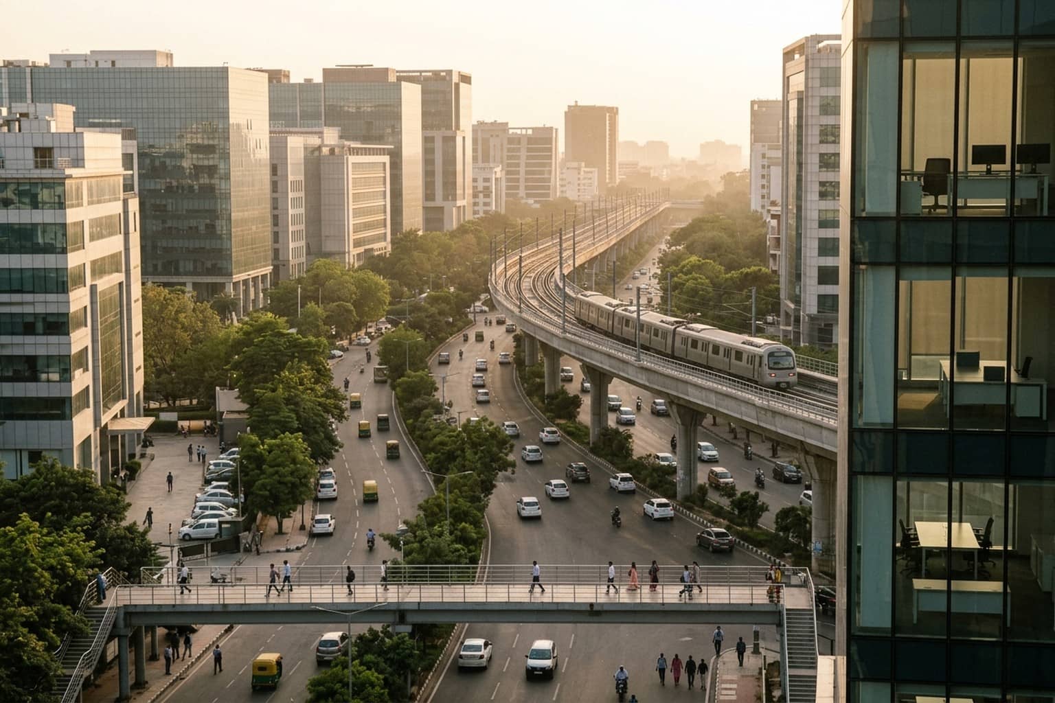 An Indian city business district at golden hour, with glass office towers, a metro train on an elevated viaduct and tree-lined roads full of cars, buses and auto-rickshaws