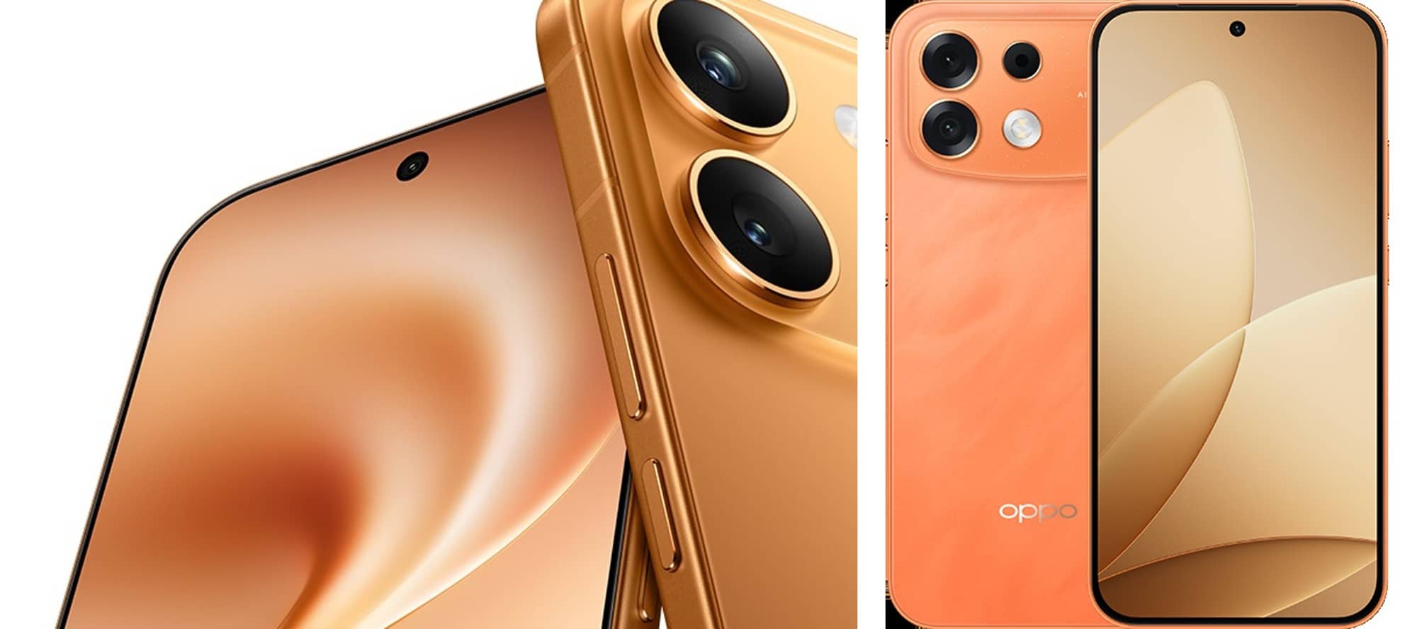 An orange vivo V80 with large round rear cameras next to an orange OPPO F35 Pro shown from the back and front
