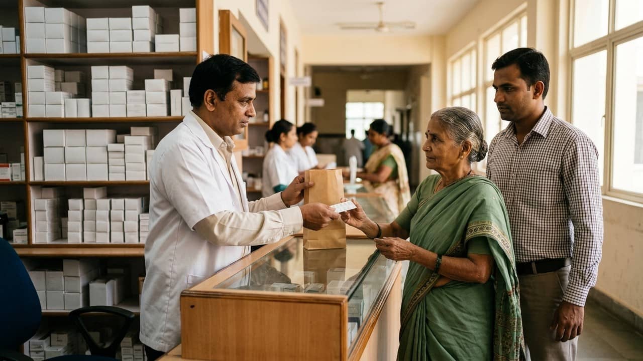 अस्पताल के दवा काउंटर पर सफेद कोट पहने फार्मासिस्ट साड़ी पहनी बुजुर्ग महिला और उसके बेटे को दवा की पर्ची और सफेद पट्टियां देते हुए, पीछे दवाओं के खाने