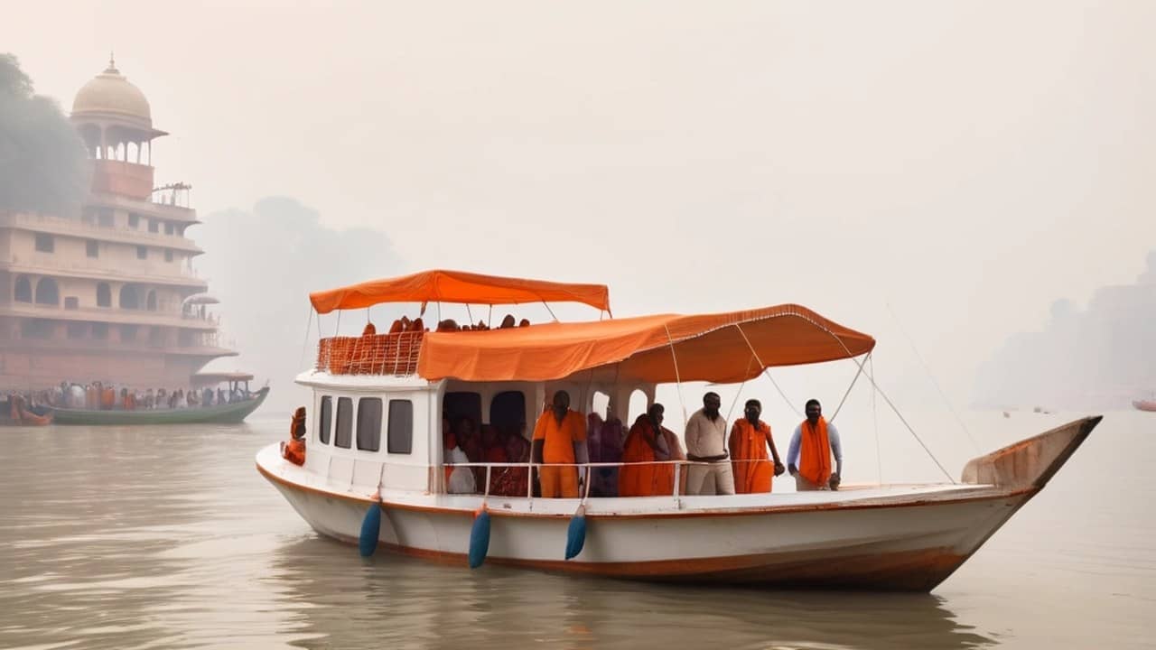A white passenger motor boat with an orange canopy carries people on the Ganga in morning haze, with a ghat building and another boat behind.