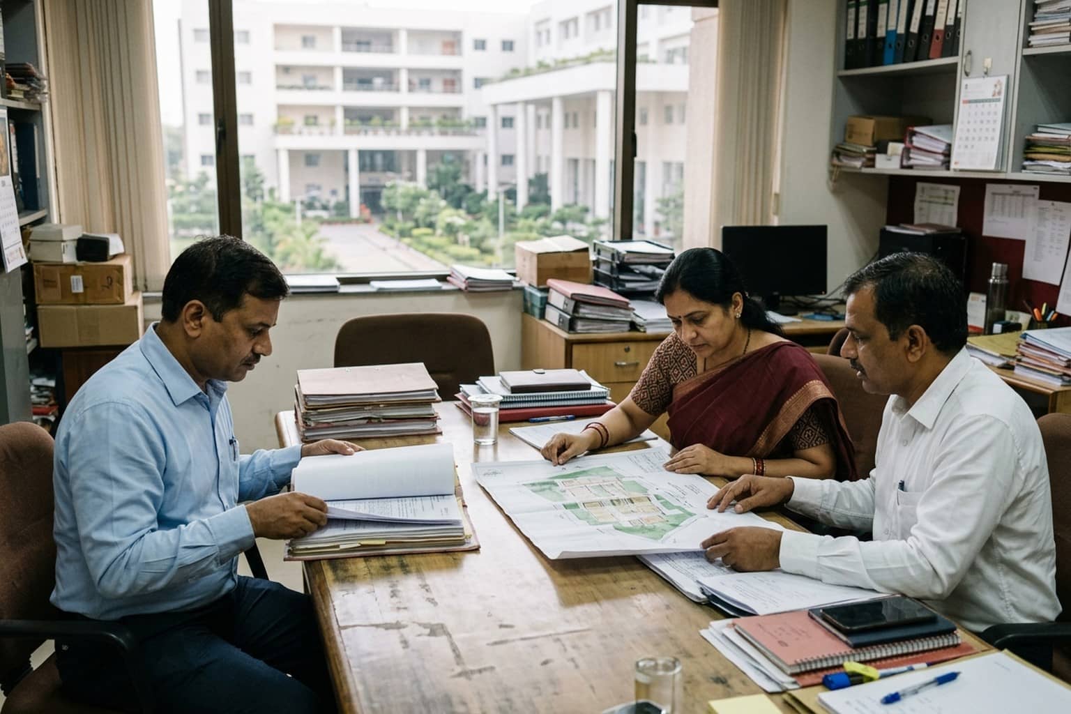 Three officials review bound files and a site plan at a wooden table in an office with a hospital building outside the window