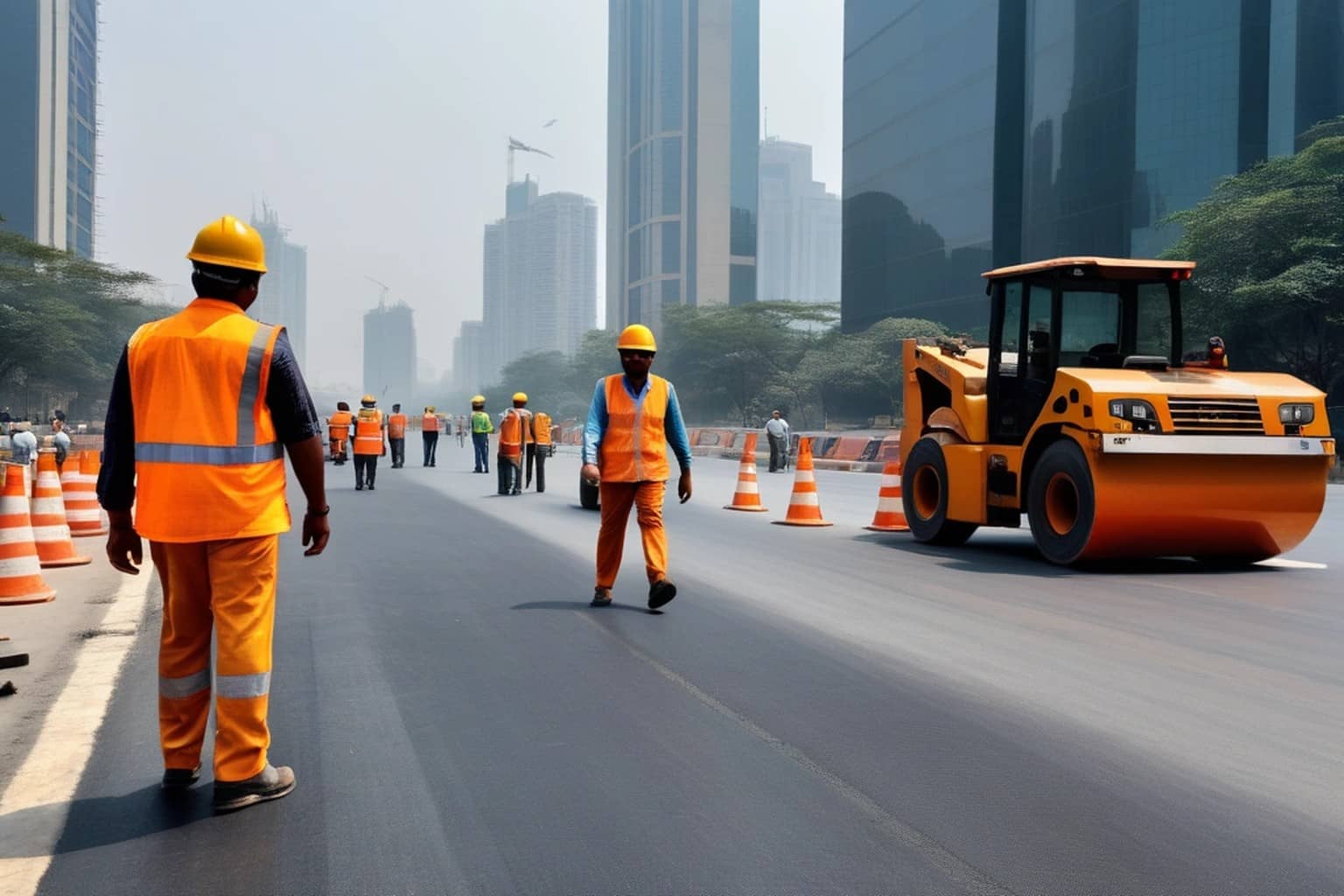 A road worker in an orange vest and helmet in the foreground, a yellow road roller on fresh asphalt, traffic cones and several workers in vests, with glass office towers in the background.
