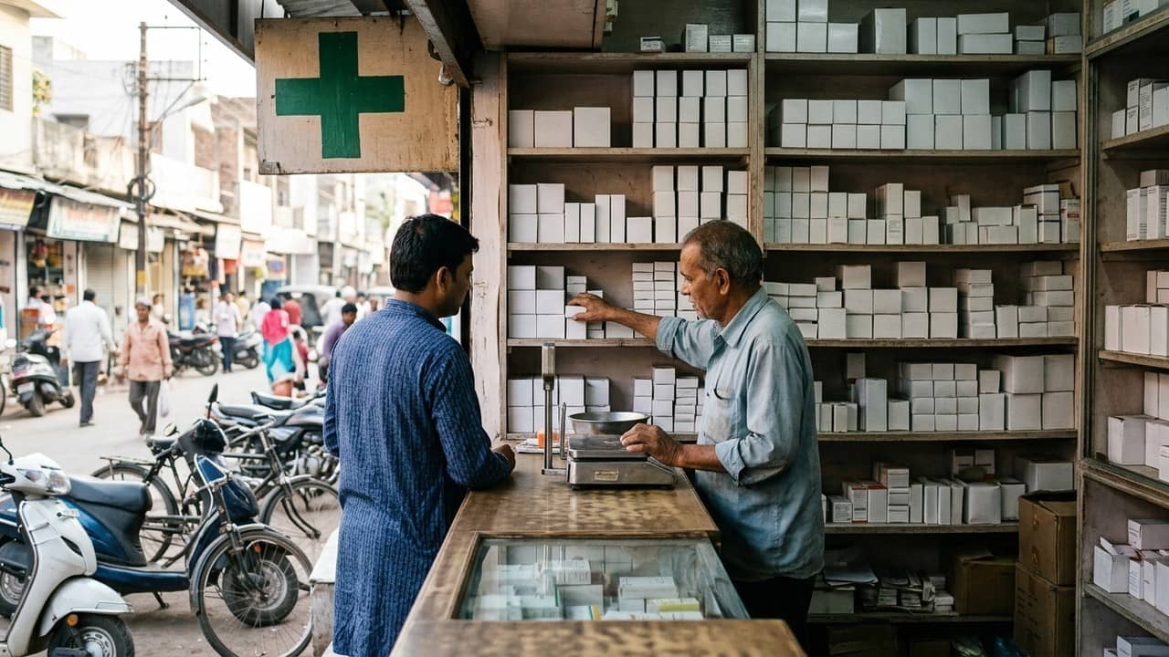 भारतीय शहर की गली में मेडिकल स्टोर के काउंटर के पीछे हल्की शर्ट पहने दुकानदार, पीछे सफेद दवा के डिब्बों की अलमारी और सामने इंतजार करता कुर्ता पहना ग्राहक