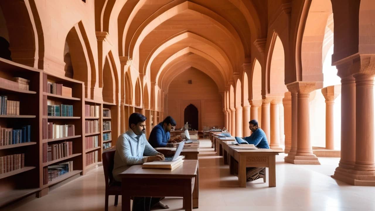 Researchers sit at wooden desks with laptops in a library with sandstone arches and tall bookshelves.