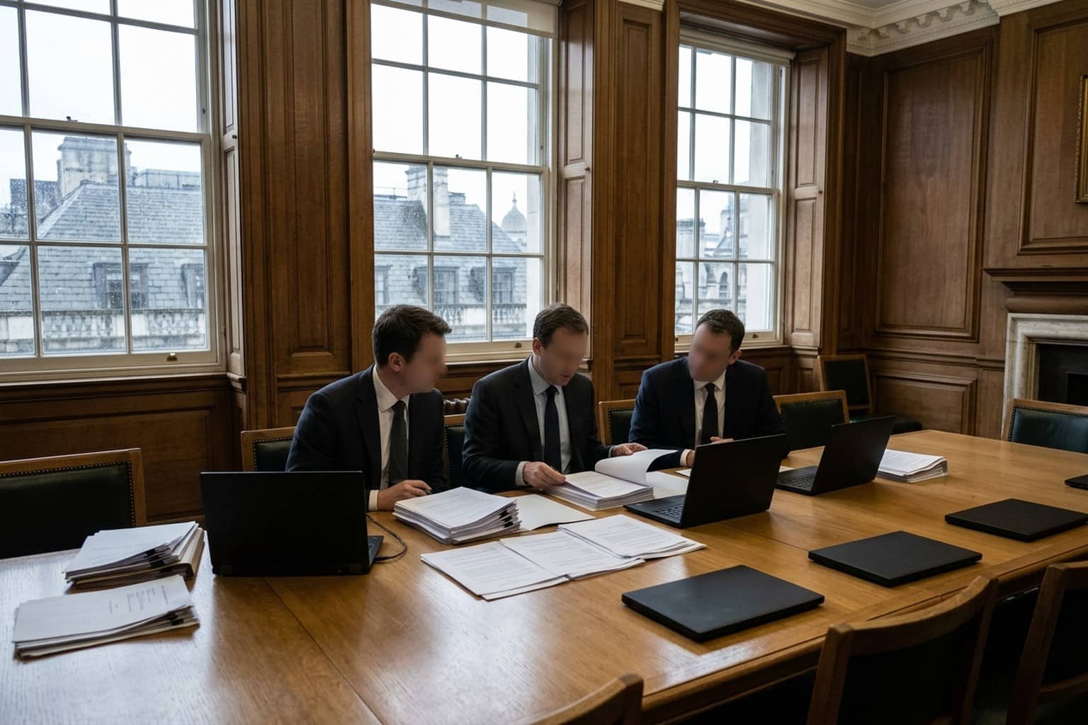 Three officials in dark suits review printed documents at a long wooden table in a panelled room with tall windows looking out on grey London rooftops