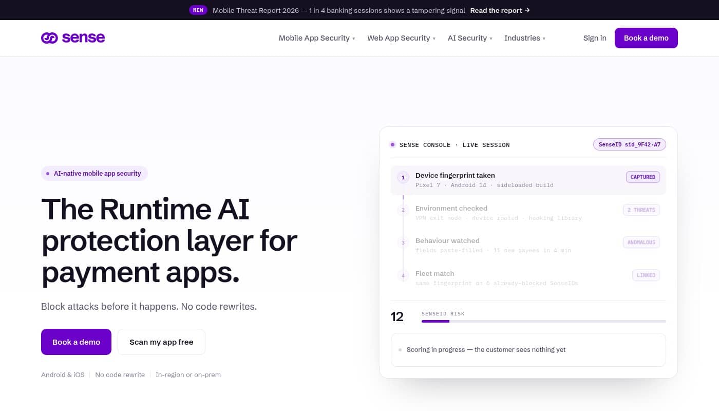 The Sense homepage by GoSense AI with the headline The Runtime AI protection layer for payment apps and a live session console beside it