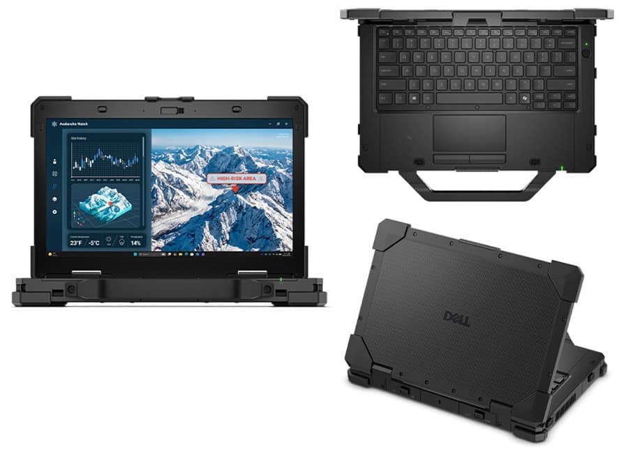 Dell Pro Rugged 13 Extreme laptop shown from the front, top and back, with a carry handle and a map app on screen