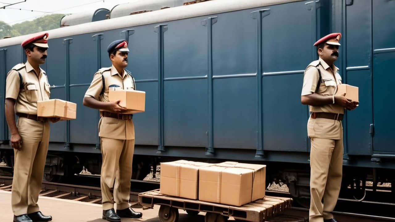 Three uniformed personnel hold cardboard parcels beside a blue railway coach, with more cartons stacked on a trolley.