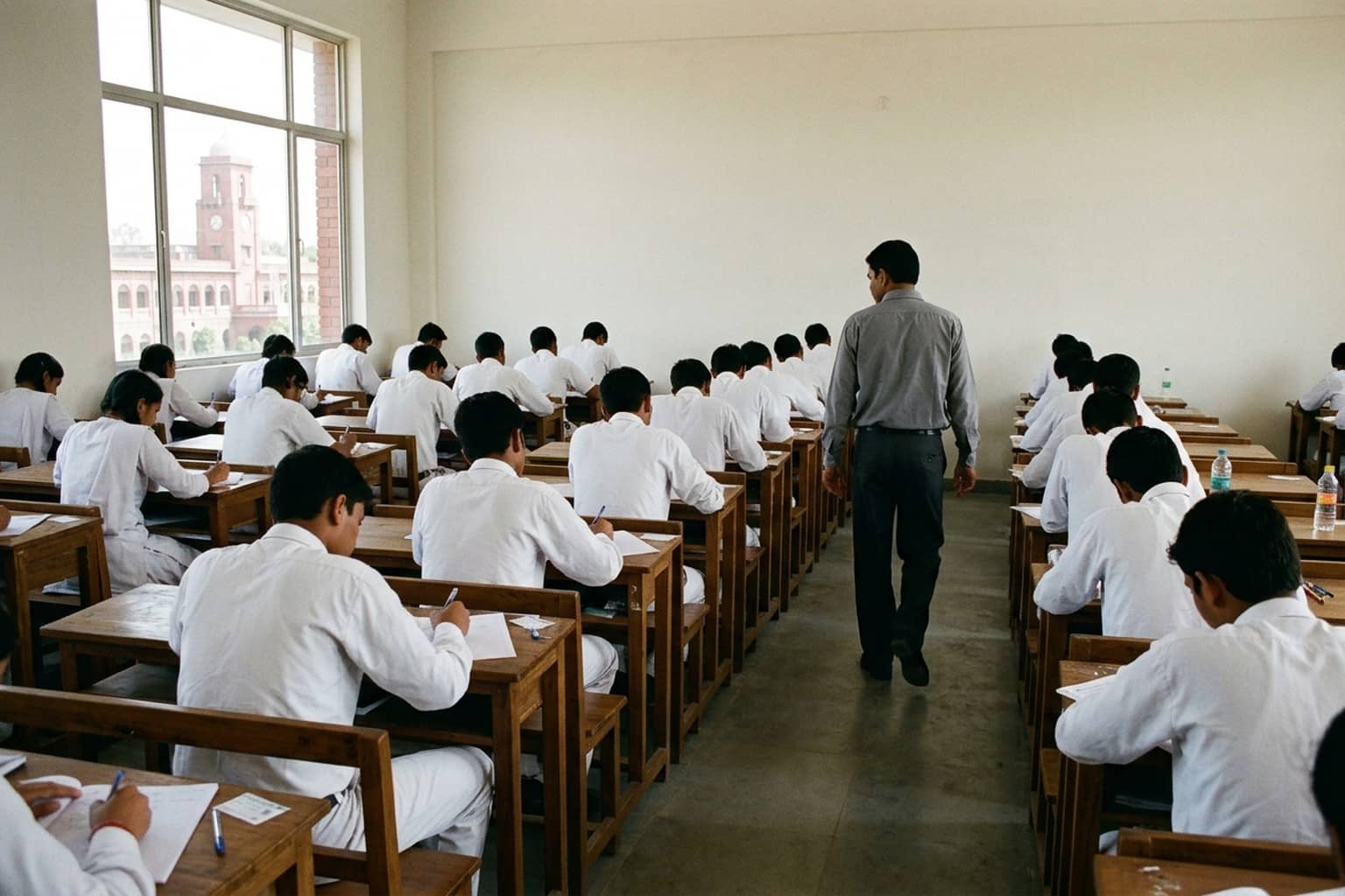 Boys and girls in plain white school uniforms write at single desks in an exam hall while an invigilator walks between rows and a red brick building with a clock tower shows through a window