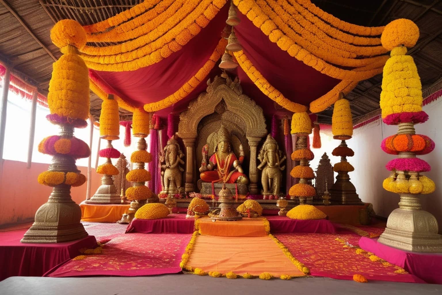 A decorated altar with a seated deity figure framed by a red and yellow draped canopy, tall columns of marigold garlands on both sides and orange cloth on the floor in front.