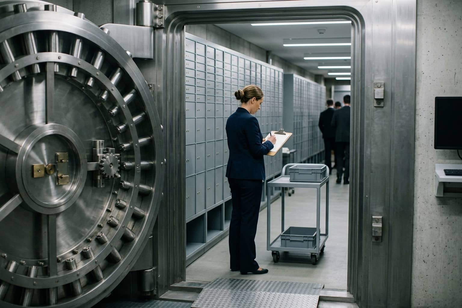 A woman in a dark suit checks a clipboard inside a bank vault lined with steel safe deposit boxes, beside a large open round vault door