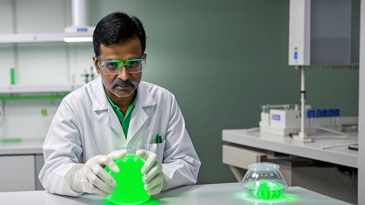 A researcher in a lab coat and gloves examines a glass dish lit by green light at a laboratory bench.