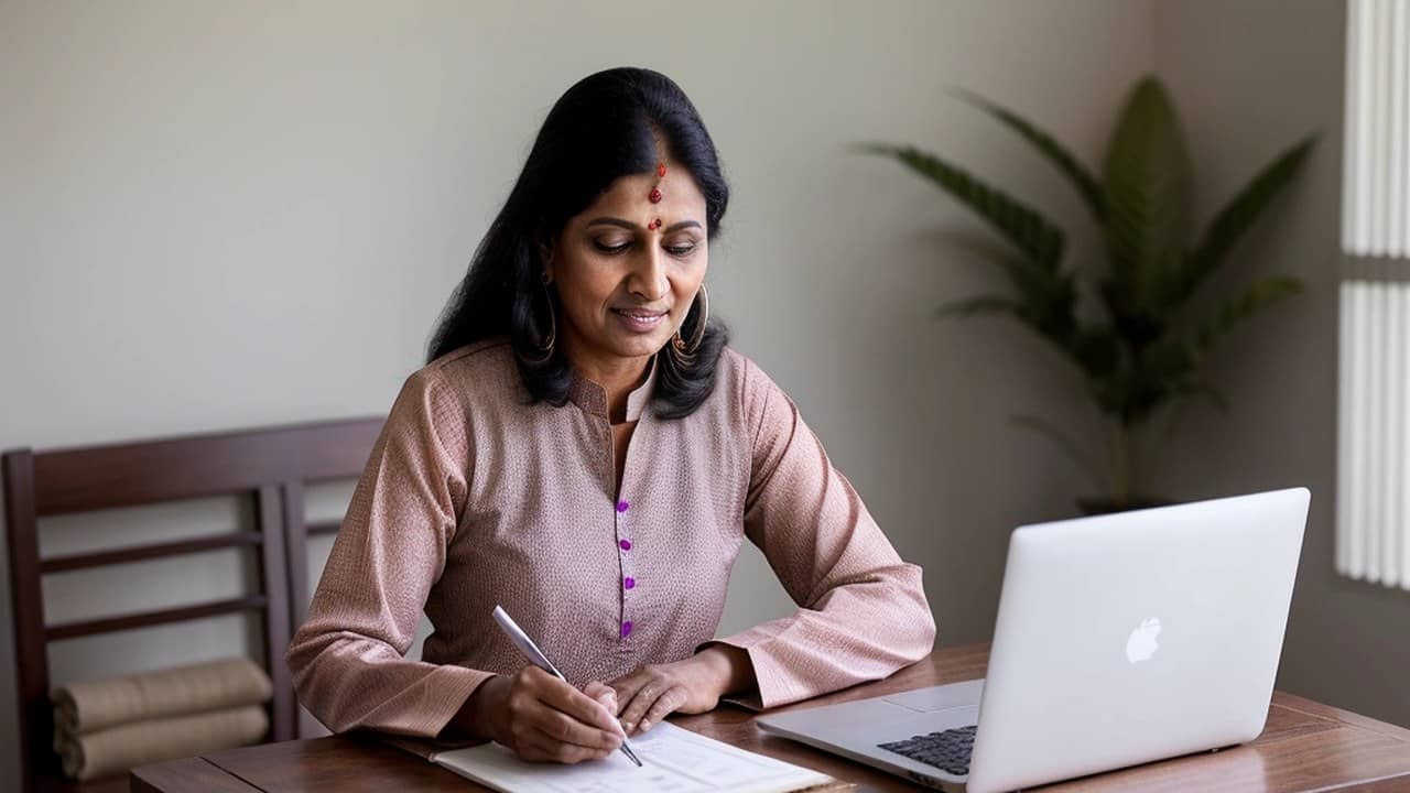 A young woman in a salwar kameez fills in a form on a laptop at a table in a modest Indian home.
