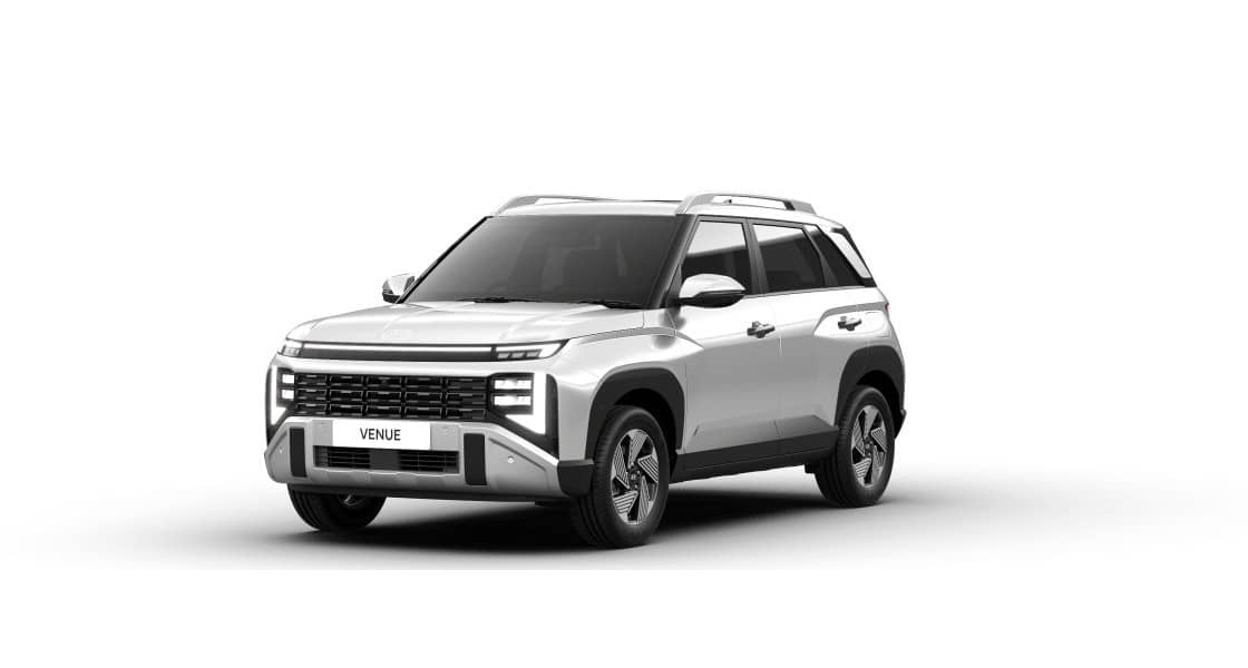 Hyundai Venue compact SUV in white, front three-quarter view on a plain white background