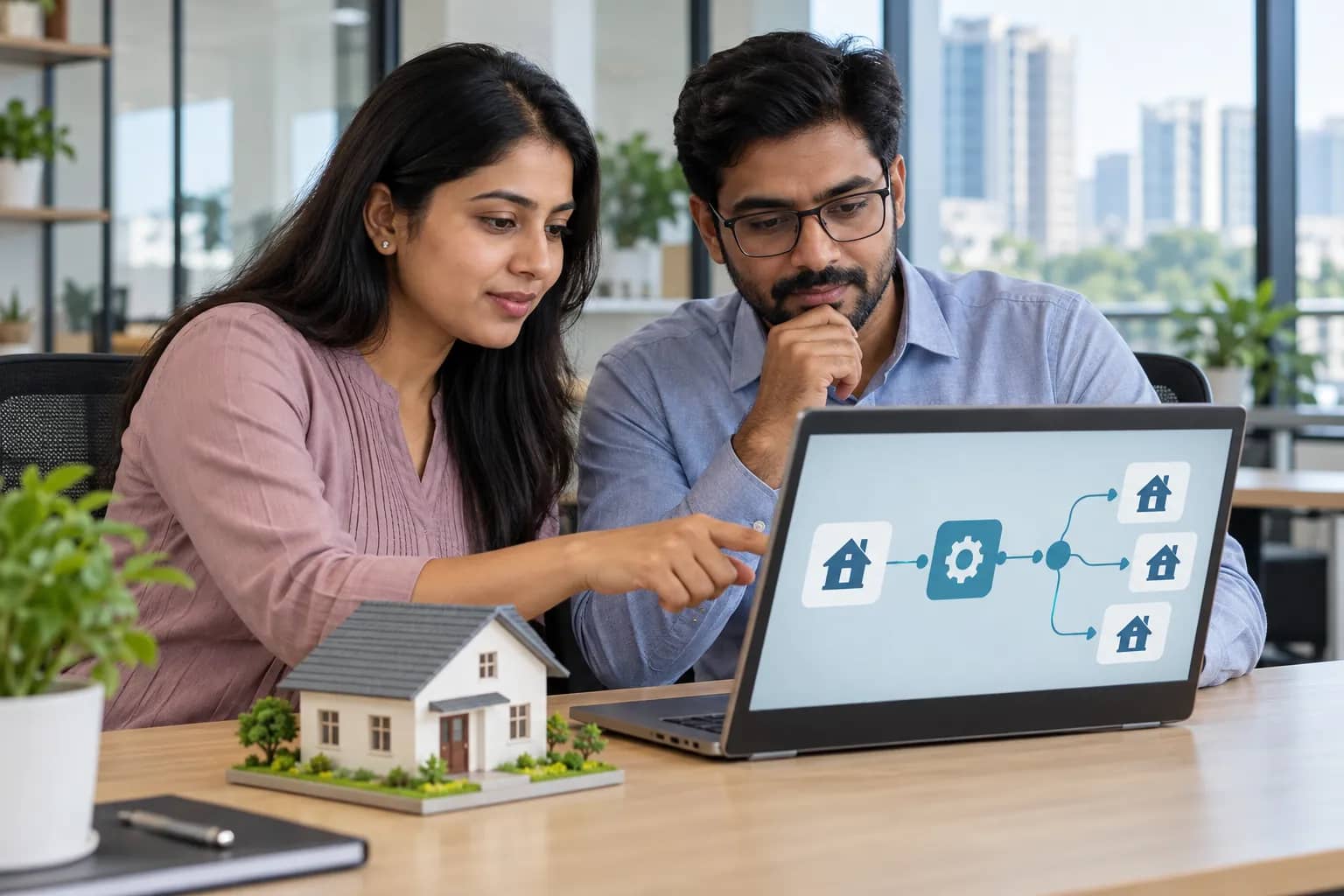 Two adults seated at a laptop showing house icons linked in a workflow, with a model house on the desk.