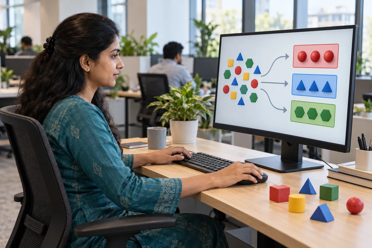 A woman at a desktop computer displaying geometric shapes sorted into colour-coded groups, with blocks on the desk.