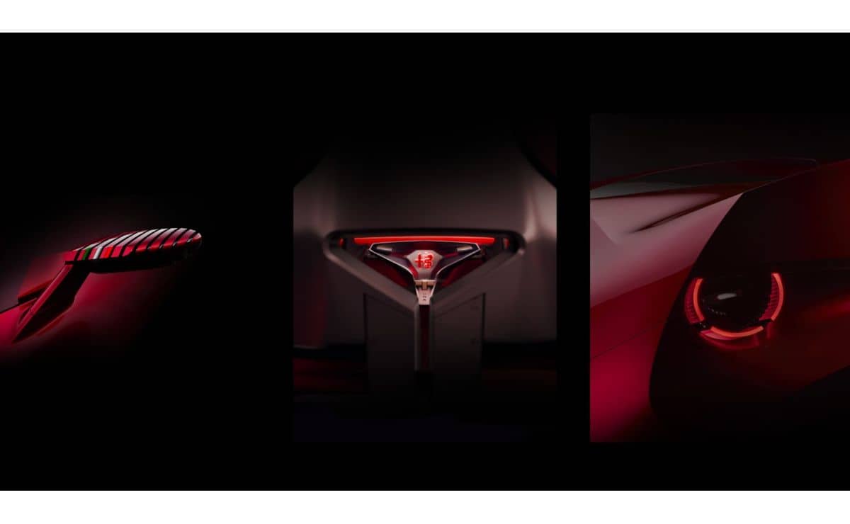 Three-panel teaser showing a red exterior mirror, metallic interior control and circular red lamp on the Alfa Romeo Cuorerosso concept