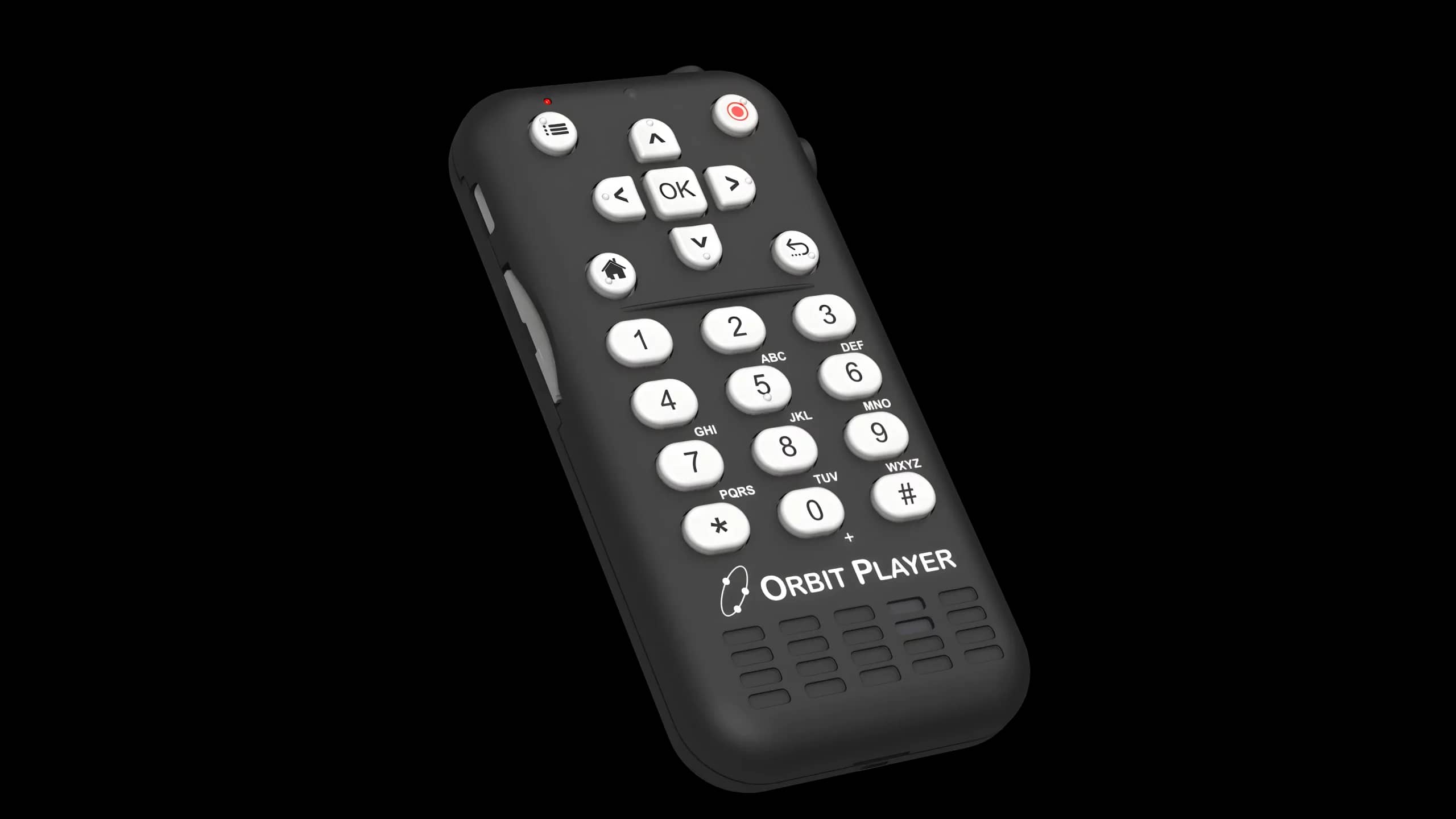 Black Orbit Player with raised white number and navigation buttons, shown at an angle.