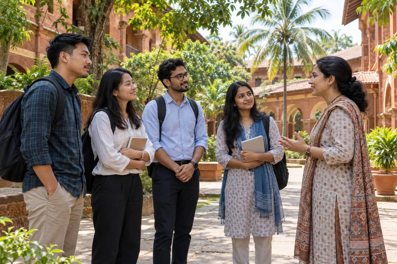 Four adults with backpacks listen to a woman in a leafy campus courtyard with palm trees and reddish stone buildings.