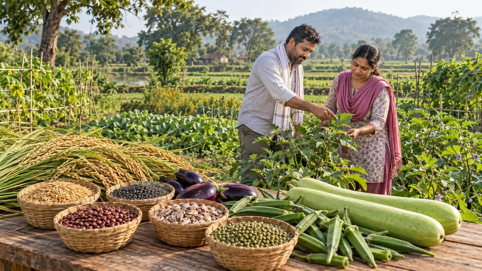 आगे मेज पर बीजों की टोकरियां, धान की बालियां, बैंगन, भिंडी और लौकी रखी हैं; पीछे खेत में एक महिला और एक पुरुष पौधा देख रहे हैं।