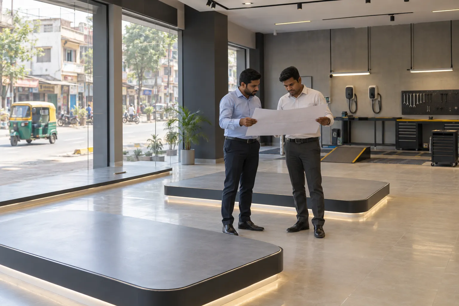 Two men examine a floor plan inside an empty showroom with display platforms, charging units and service tools beside an Indian street