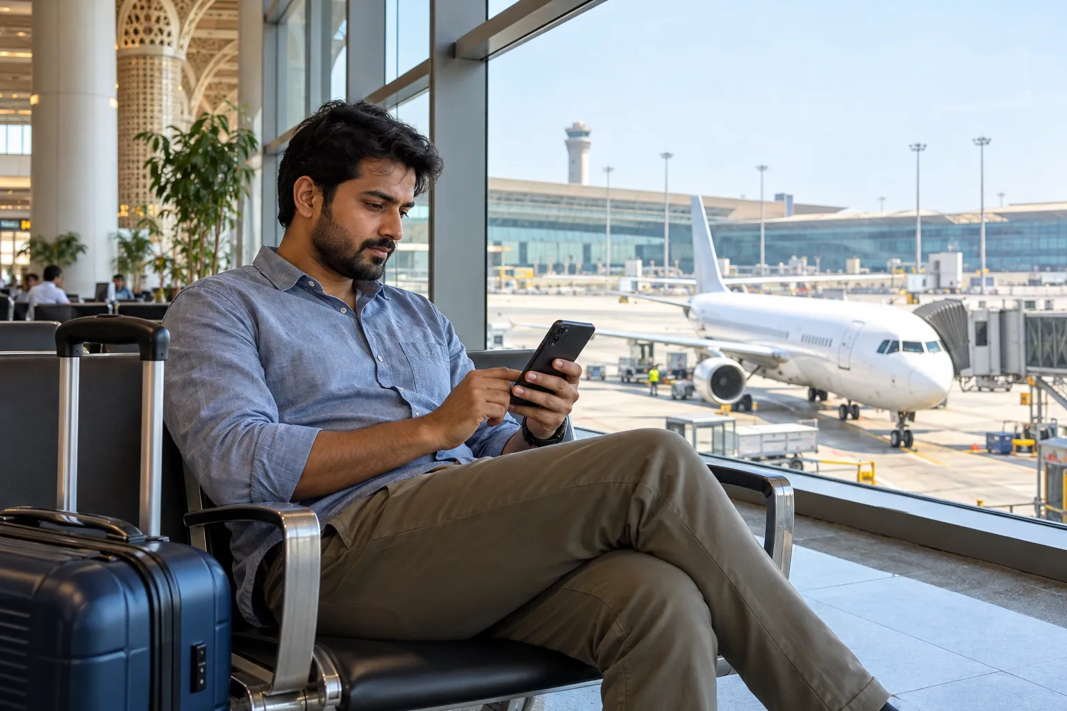 An adult traveller checks a smartphone beside a suitcase in an airport lounge, with an aircraft outside the window.