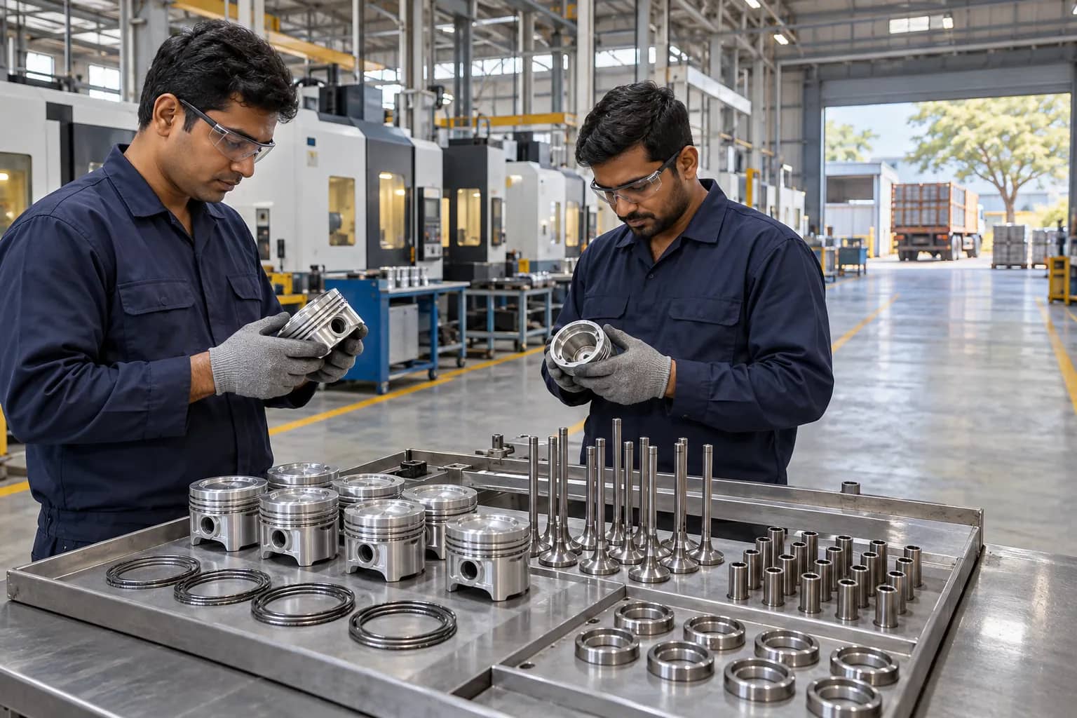 Two technicians wearing safety glasses inspect pistons beside trays of engine valves, rings and other metal components inside an Indian factory