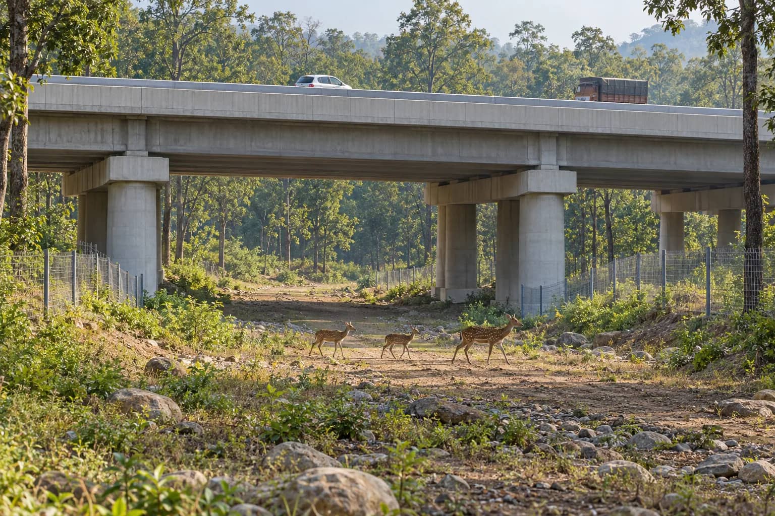Spotted deer move beneath an elevated Indian highway through a wide wildlife passage, with fencing guiding the approach and vehicles above