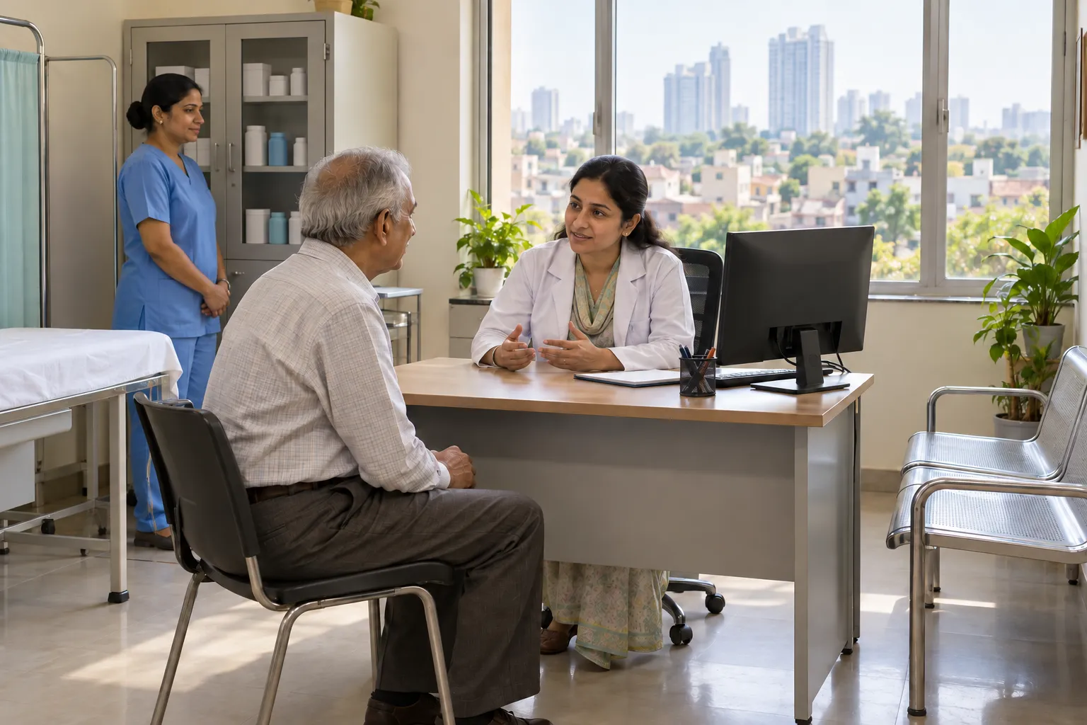 A doctor speaks with an older man in a clinic while a nurse stands near a cabinet, with neighbourhood buildings and towers visible through the window.