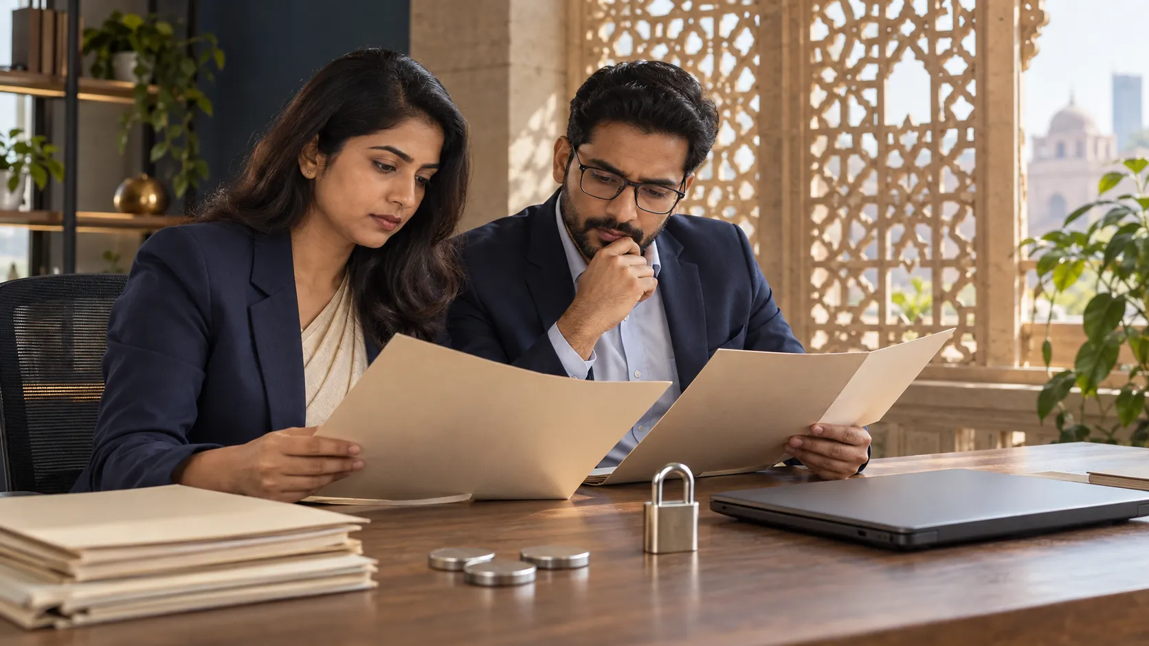 Two compliance professionals review blank folders beside a closed laptop, plain metal discs and a padlock in an office with a sandstone lattice window.