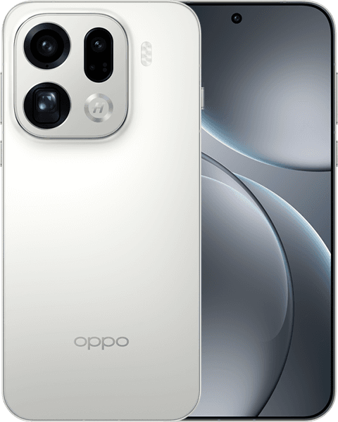 Front and rear views of a white OPPO Find X9 Pro smartphone.