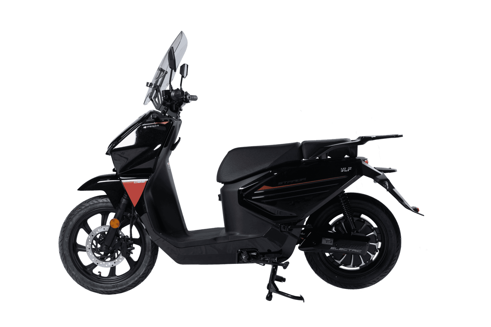 Black VLF Strada electric scooter shown from its left side, with a windscreen and red body accents.