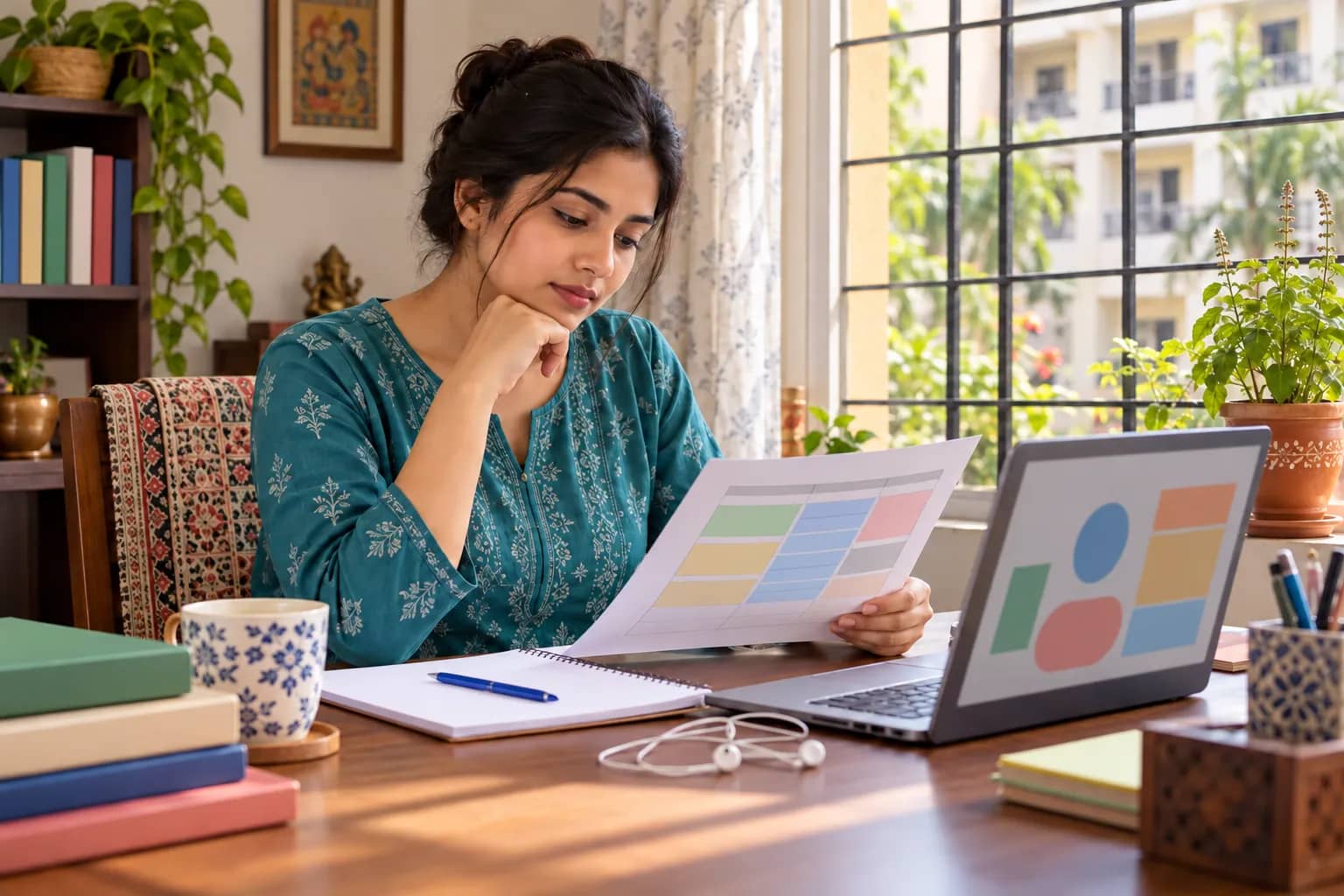 An adult Indian learner compares a paper timetable with a laptop at a home study desk.