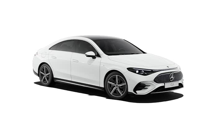 White Mercedes-Benz CLA electric sedan shown from the front three-quarter angle on a plain background.