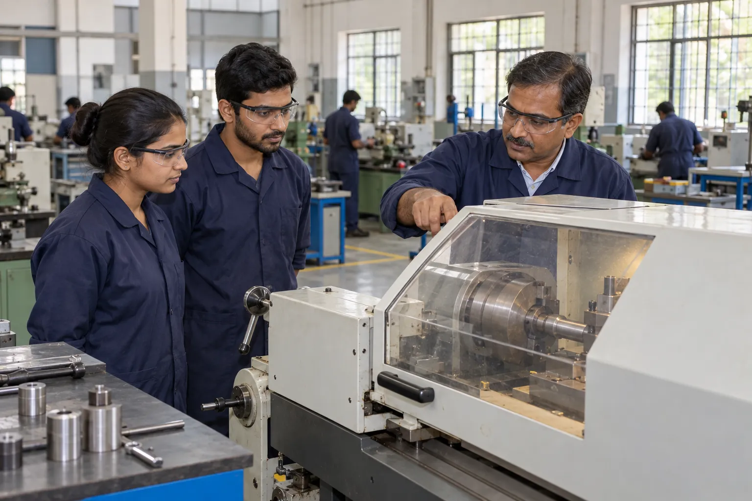 An instructor demonstrates a guarded lathe to two adult trainees wearing work overalls and protective glasses in an Indian workshop.