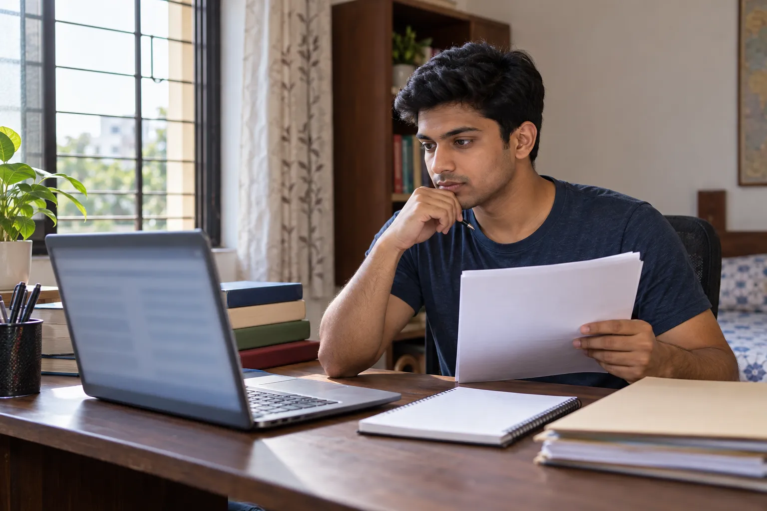 An adult man reviews a laptop and papers at a home study desk beside books and a window.