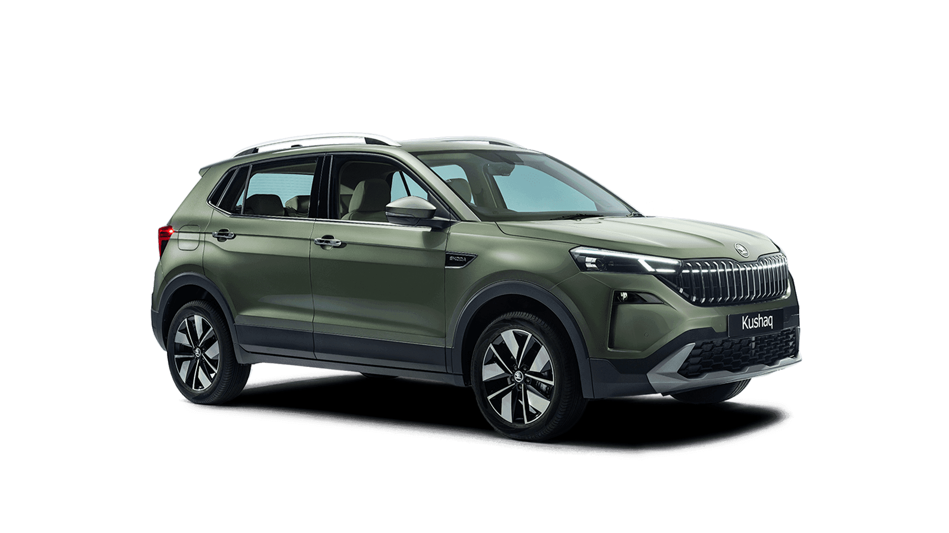 Green Skoda Kushaq SUV in a front three-quarter studio view.
