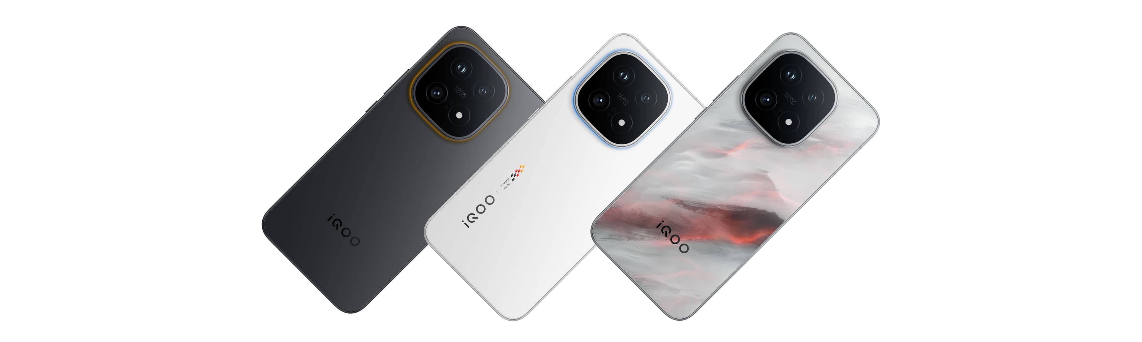 Three iQOO 15 phones shown from the rear in black, white and a grey-red marbled finish.