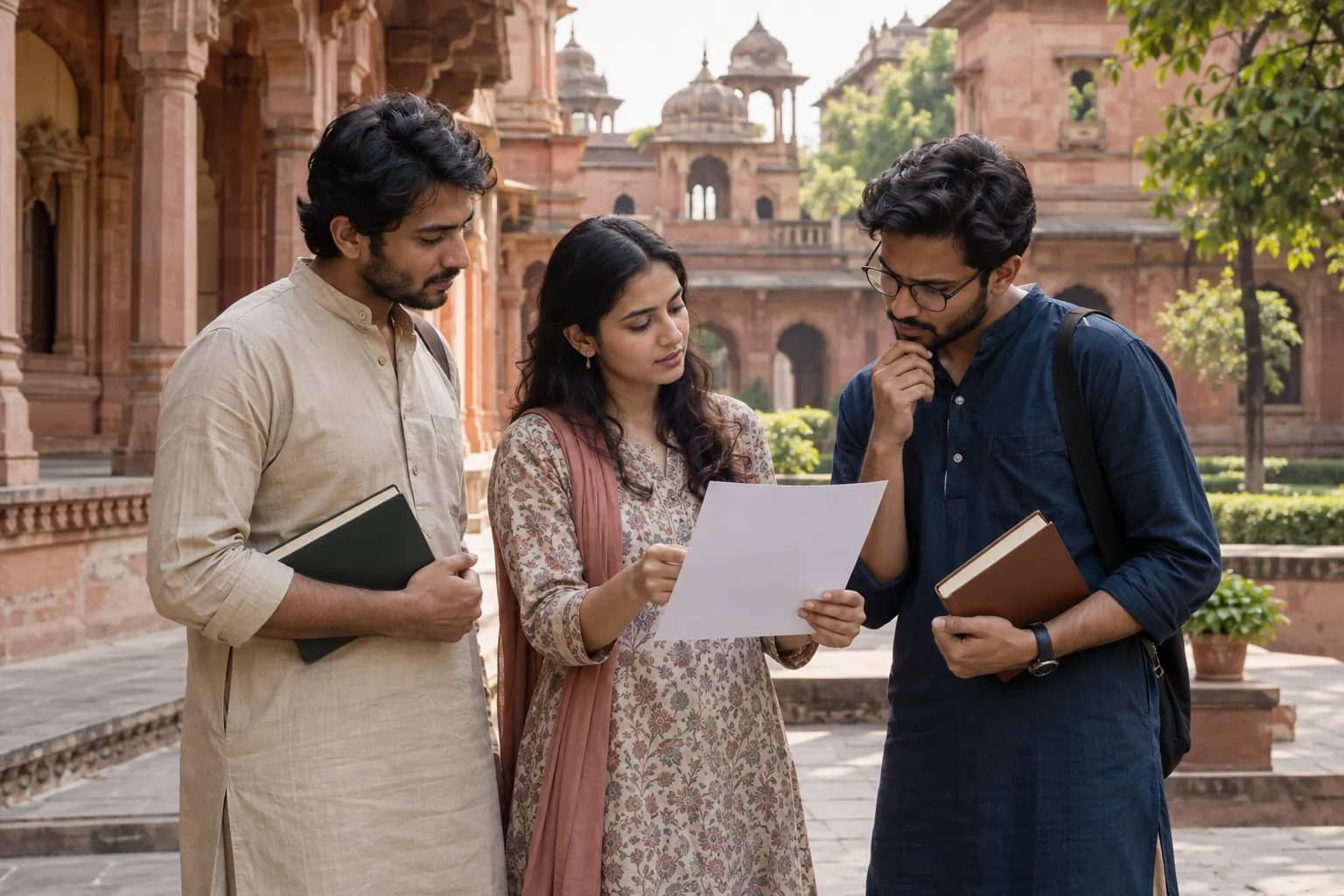 Three adult applicants hold books and a blank sheet in a red sandstone campus courtyard.