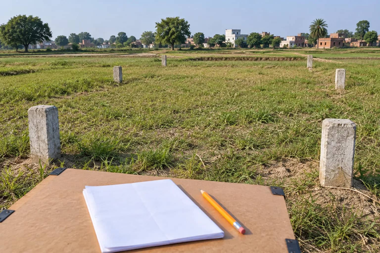 Concrete plot-boundary markers stand in a rural field, with blank paper and a pencil on a survey board.