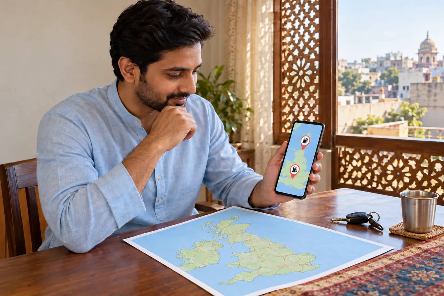 A man in a pale blue kurta checks a phone showing a map with fuel-pump pins beside a paper map, car keys and a steel cup in an Indian home.