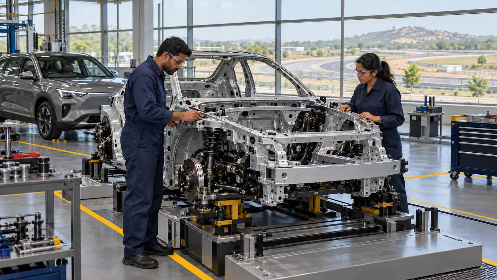 Two adult engineers in navy coveralls inspect an unbranded vehicle body in a workshop, with a car and an outdoor test track behind them.