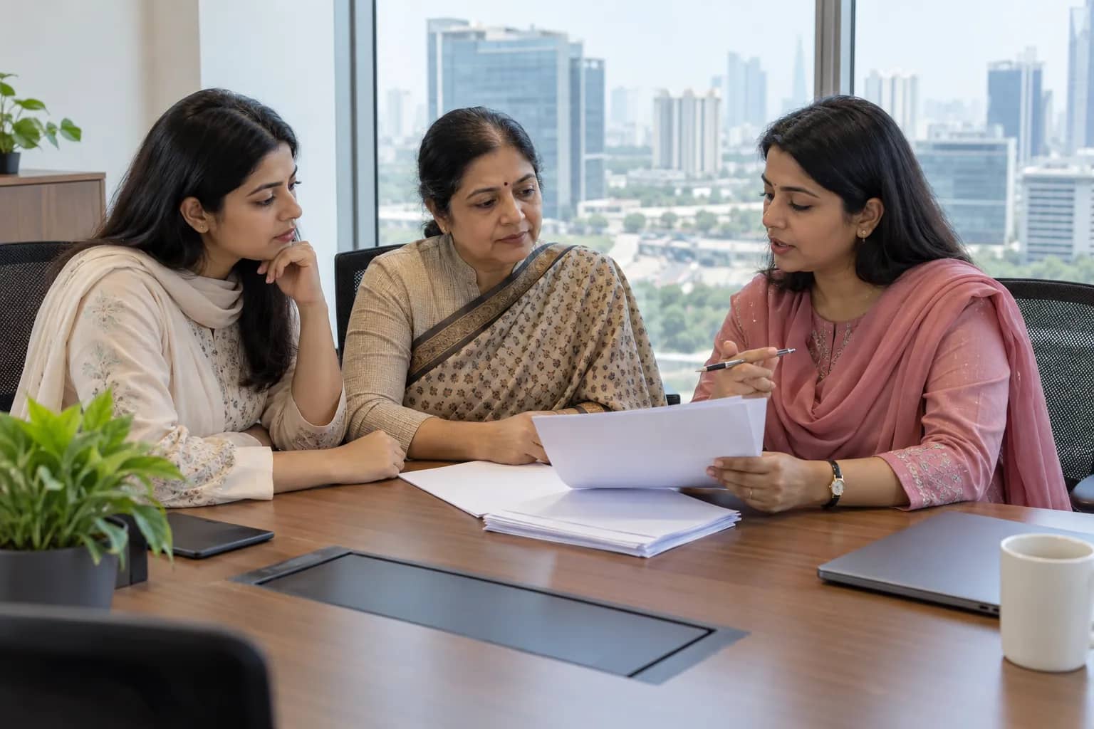Three adult women discuss blank application papers at a desk in an office overlooking city buildings.