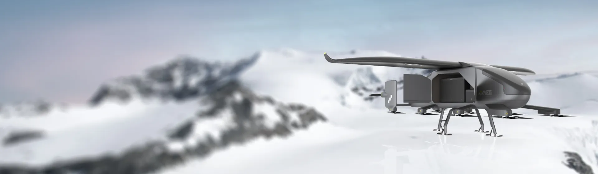 Concept rendering of a grey YETI cargo aircraft with an open cargo compartment on a snowy mountain plateau.