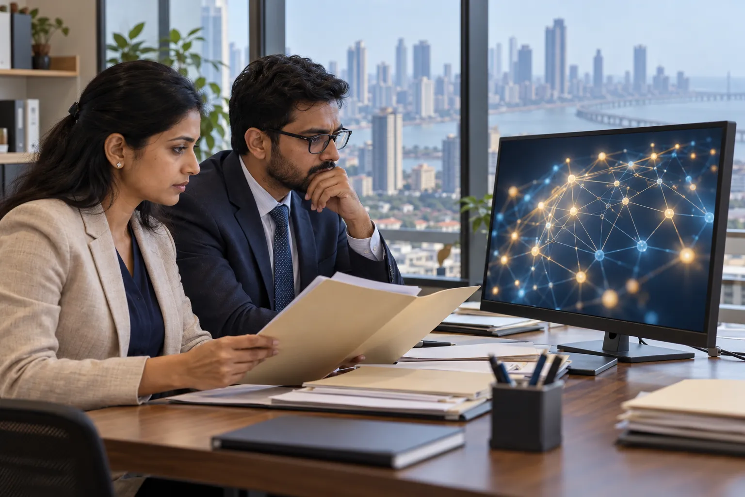 Two analysts examine a plain folder beside a monitor displaying connected nodes, with a city waterfront visible through the window.