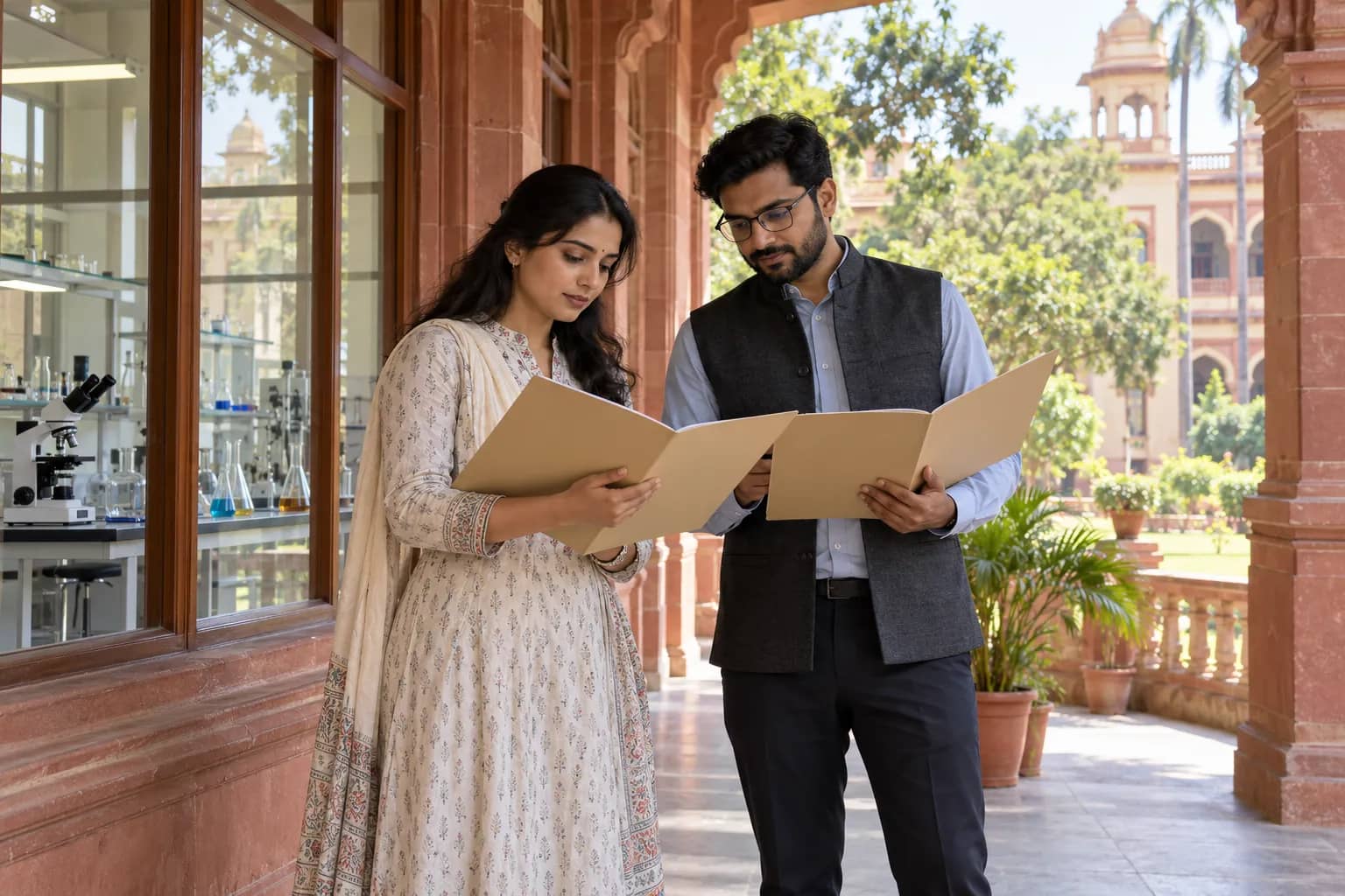 Two adult applicants examine plain folders in a red-stone university veranda, beside a laboratory window with a microscope and glassware.