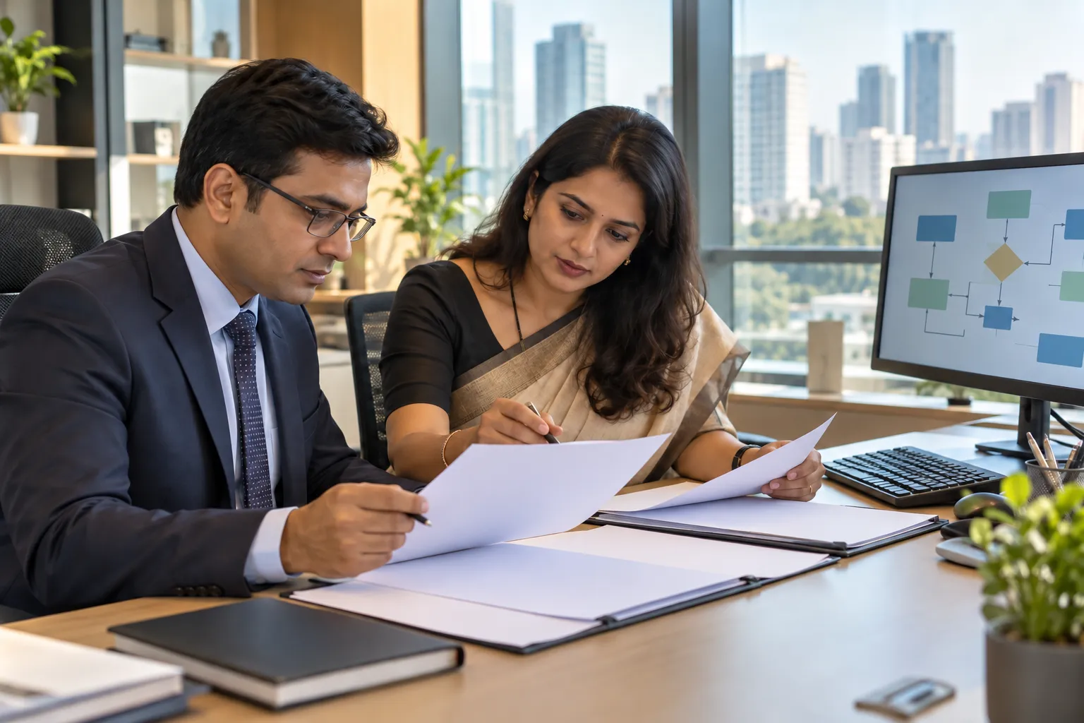 Two adult professionals review blank papers beside a computer in an office.