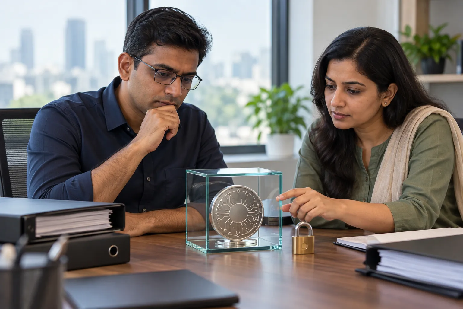 Two adults examine a symbolic digital token in a glass case beside a padlock.