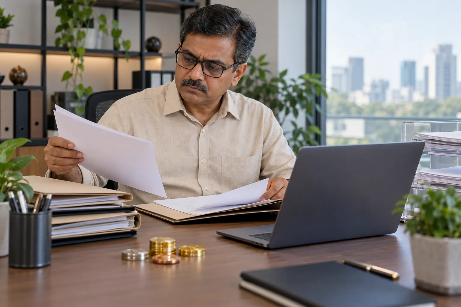 An adult reviews documents at a desk beside a laptop and symbolic tokens.